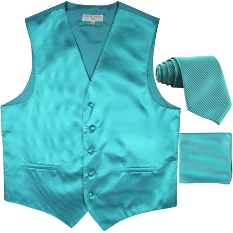 New Men's Horizontal Stripes Tuxedo Vest Waistcoat_tie & hankie formal turquoise