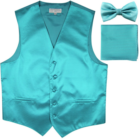 New Men's Horizontal Stripes Tuxedo Vest Waistcoat_bowtie & Hankie turquoise