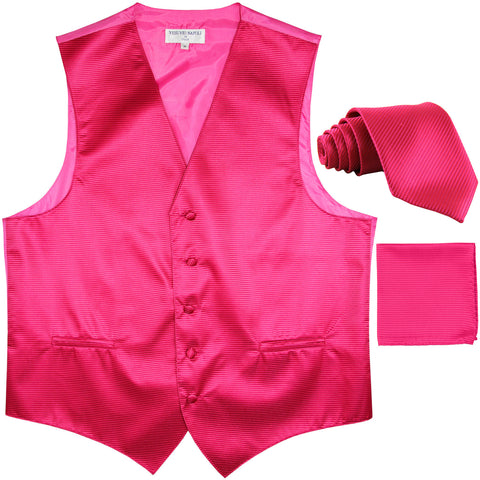 New Men's Horizontal Stripes Tuxedo Vest Waistcoat_tie & hankie formal hot pink