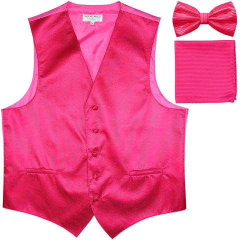 New Men's Horizontal Stripes Tuxedo Vest Waistcoat_bowtie & Hankie hot pink