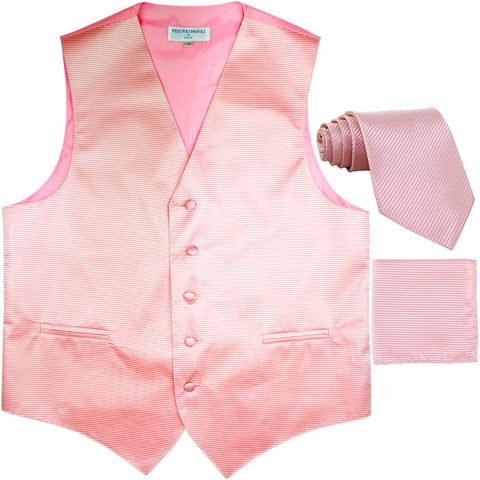 New Men's Horizontal Stripes Tuxedo Vest Waistcoat_tie & hankie formal pink