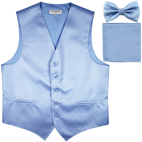 New Men's Horizontal Stripes Tuxedo Vest Waistcoat_bowtie & Hankie light blue