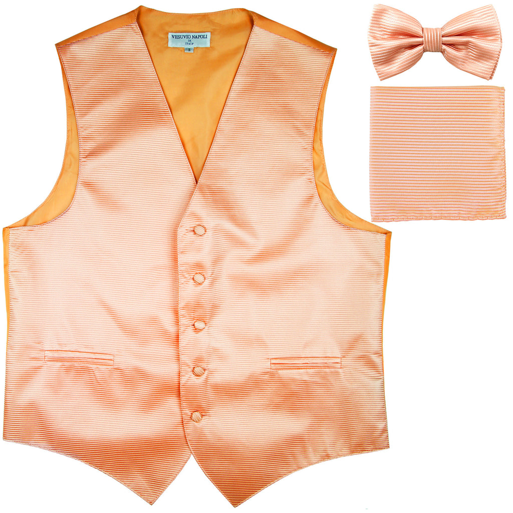 New Men's Horizontal Stripes Tuxedo Vest Waistcoat_bowtie & Hankie peach