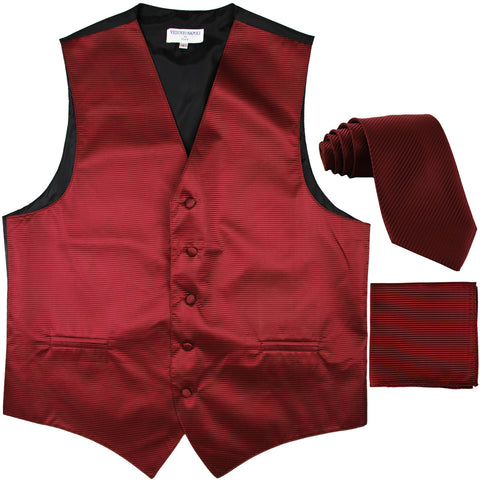 New Men's Horizontal Stripes Tuxedo Vest Waistcoat_tie & hankie formal burgundy