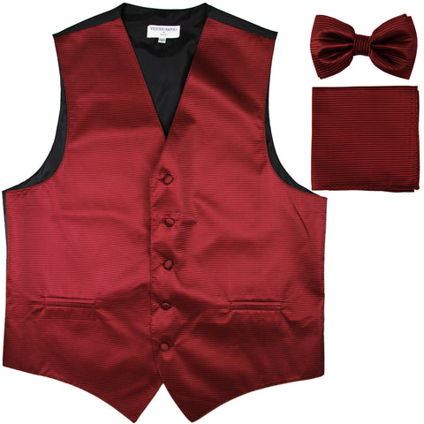 New Men's Horizontal Stripes Tuxedo Vest Waistcoat_bowtie & Hankie burgundy