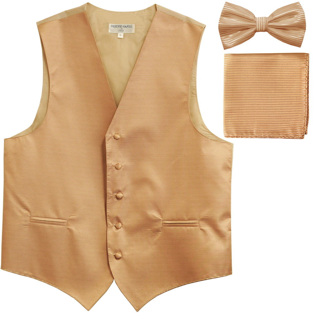 New Men's Horizontal Stripes Tuxedo Vest Waistcoat_bowtie & Hankie beige