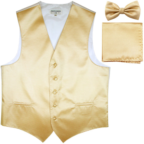 New Men's Horizontal Stripes Tuxedo Vest Waistcoat_bowtie & Hankie ivory