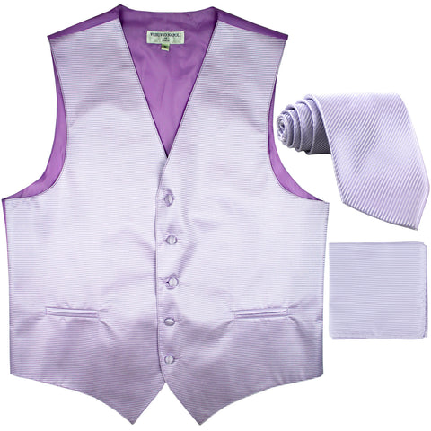 New Men's Horizontal Stripes Tuxedo Vest Waistcoat_tie & hankie formal lavender