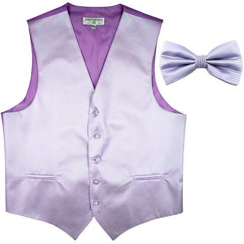 New formal men's tuxedo vest waistcoat & bowtie horizontal stripes prom lavender