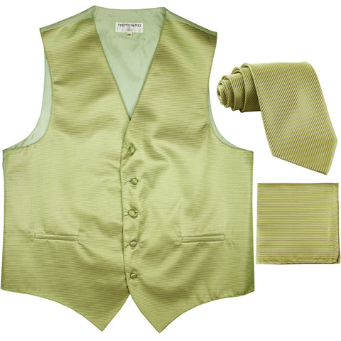 New Men's Horizontal Stripes Tuxedo Vest Waistcoat_tie & hankie formal sage green