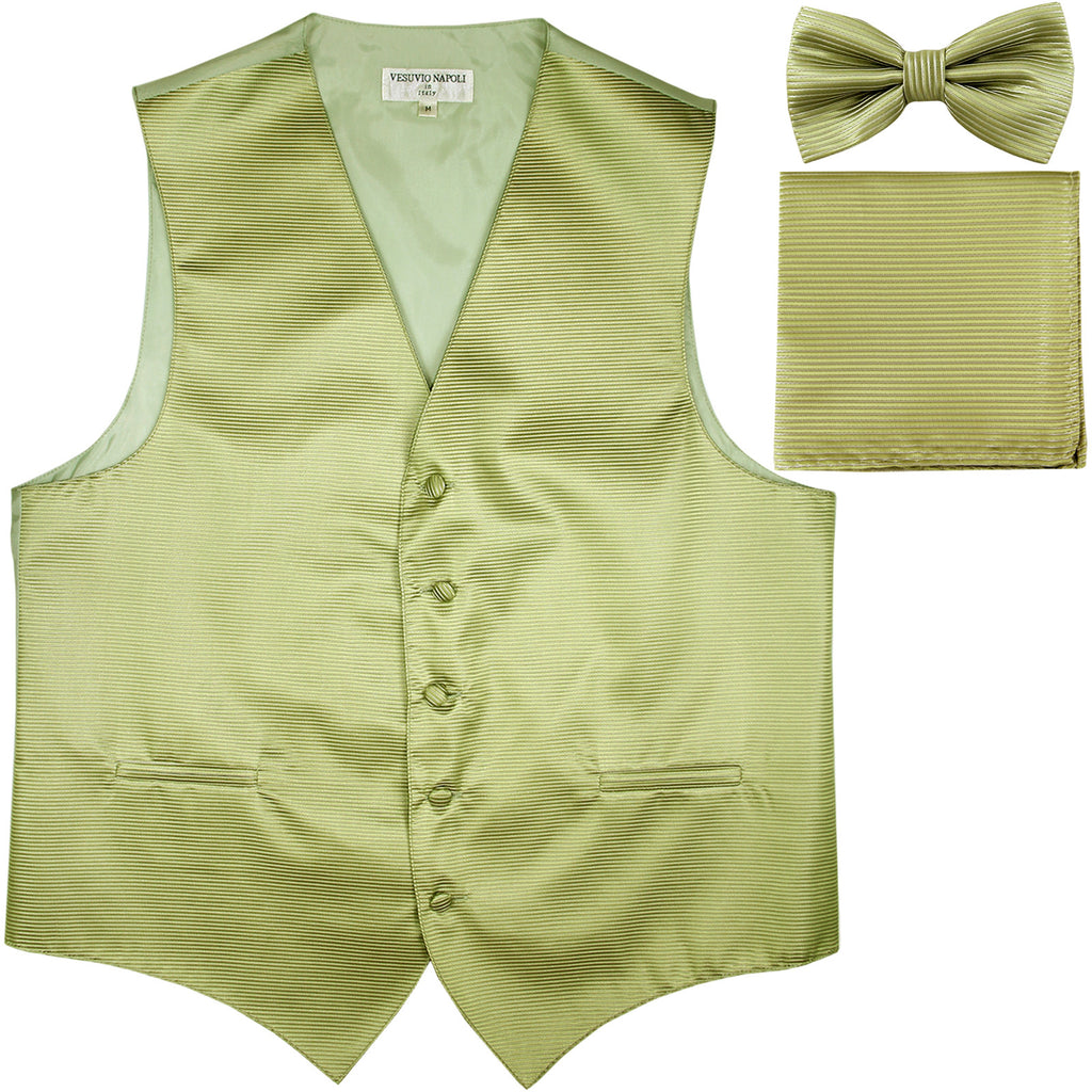 New Men's Horizontal Stripes Tuxedo Vest Waistcoat_bowtie & Hankie sage green