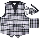 New men's tuxedo vest waistcoat self tie bowtie & hankie set plaid pattern formal prom wedding