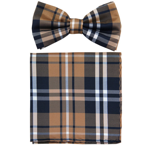 New formal men's pre tied Bow tie & Pocket Square Hankie plaid checkered