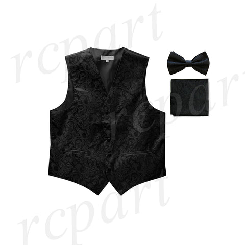 Men's paisley Tuxedo VEST Waistcoat_bowtie & hankie set formal wedding black