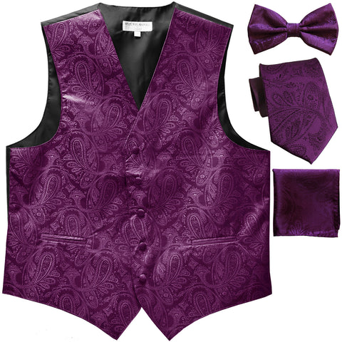 New Men's Paisley Tuxedo Vest Waistcoat & necktie & Bow tie & Hankie Dahila Purple