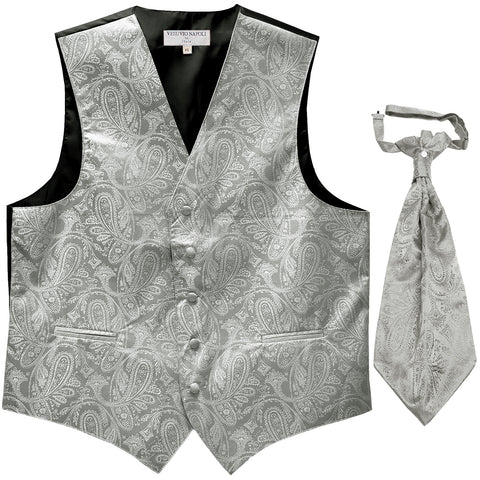 New Men's Formal Vest Tuxedo Waistcoat_ascot necktie paisley pattern prom silver