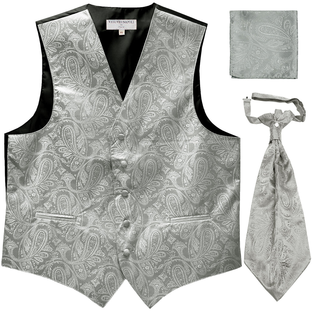 New Men's Paisley Tuxedo Vest Waistcoat & Ascot Cravat & Hankie silver