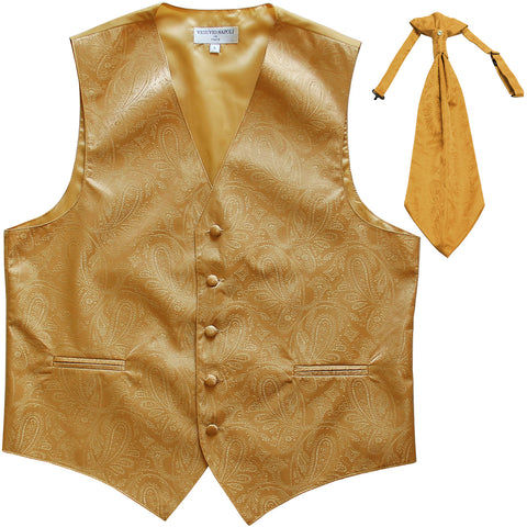 New Men's Formal Vest Tuxedo Waistcoat_ascot necktie paisley pattern prom gold