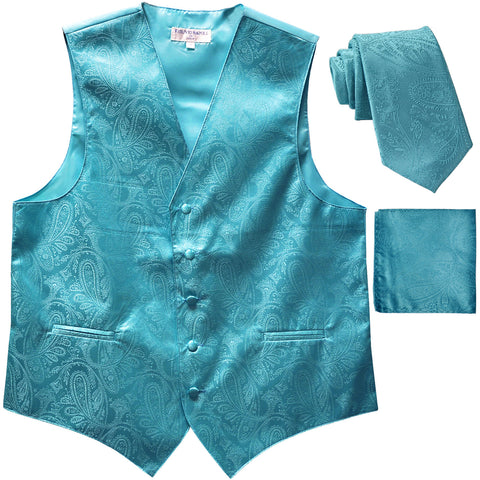 New Men's Formal Vest Tuxedo Waistcoat_necktie set paisley pattern prom turquoise