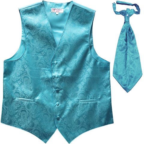 New Men's Formal Vest Tuxedo Waistcoat_ascot necktie paisley pattern prom turquoise