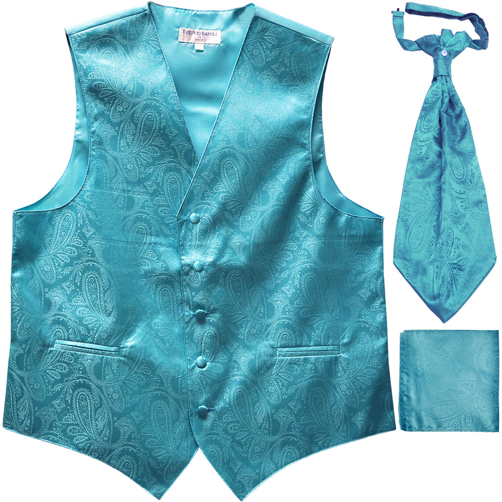 New Men's Paisley Tuxedo Vest Waistcoat & Ascot Cravat & Hankie turquoise