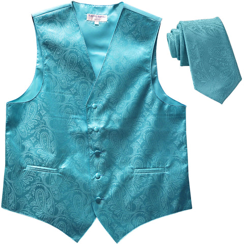 New Men's Formal Vest Tuxedo Waistcoat_2.5" skinny necktie paisley pattern turquoise