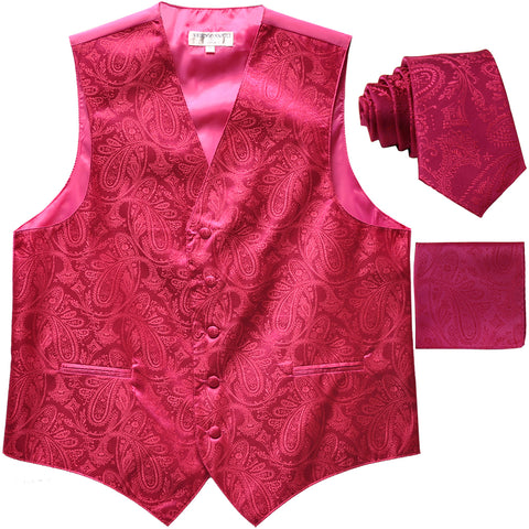 New Men's Formal Vest Tuxedo Waistcoat_necktie set paisley pattern prom hot pink