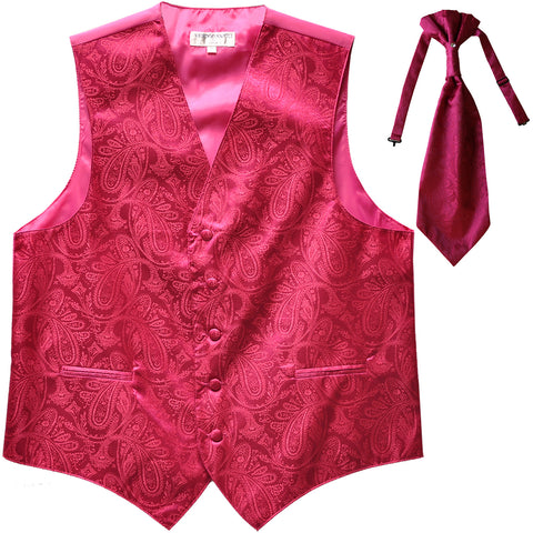 New Men's Formal Vest Tuxedo Waistcoat_ascot necktie paisley pattern prom hot pink