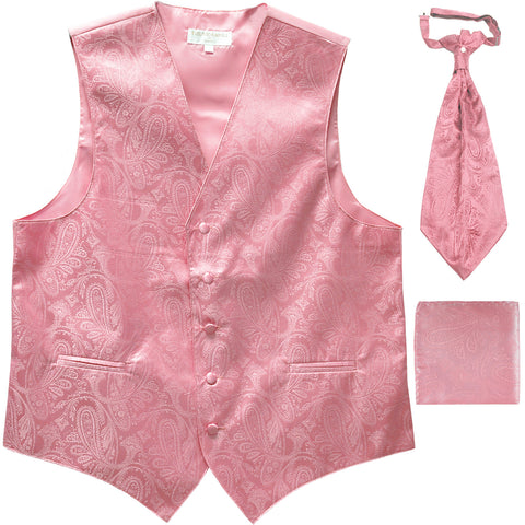 New Men's Paisley Tuxedo Vest Waistcoat & Ascot Cravat & Hankie pink