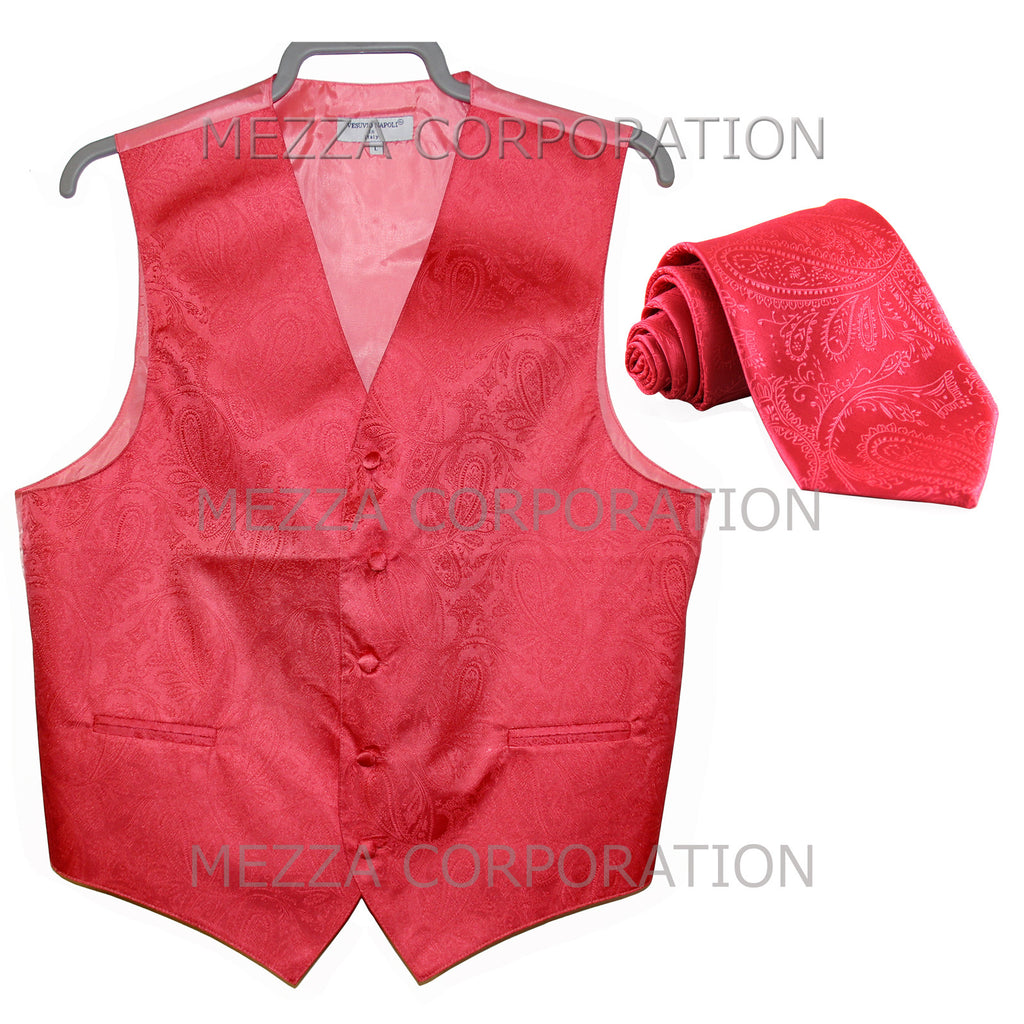 New Men's Formal Vest Tuxedo Waistcoat_necktie paisley pattern wedding coral