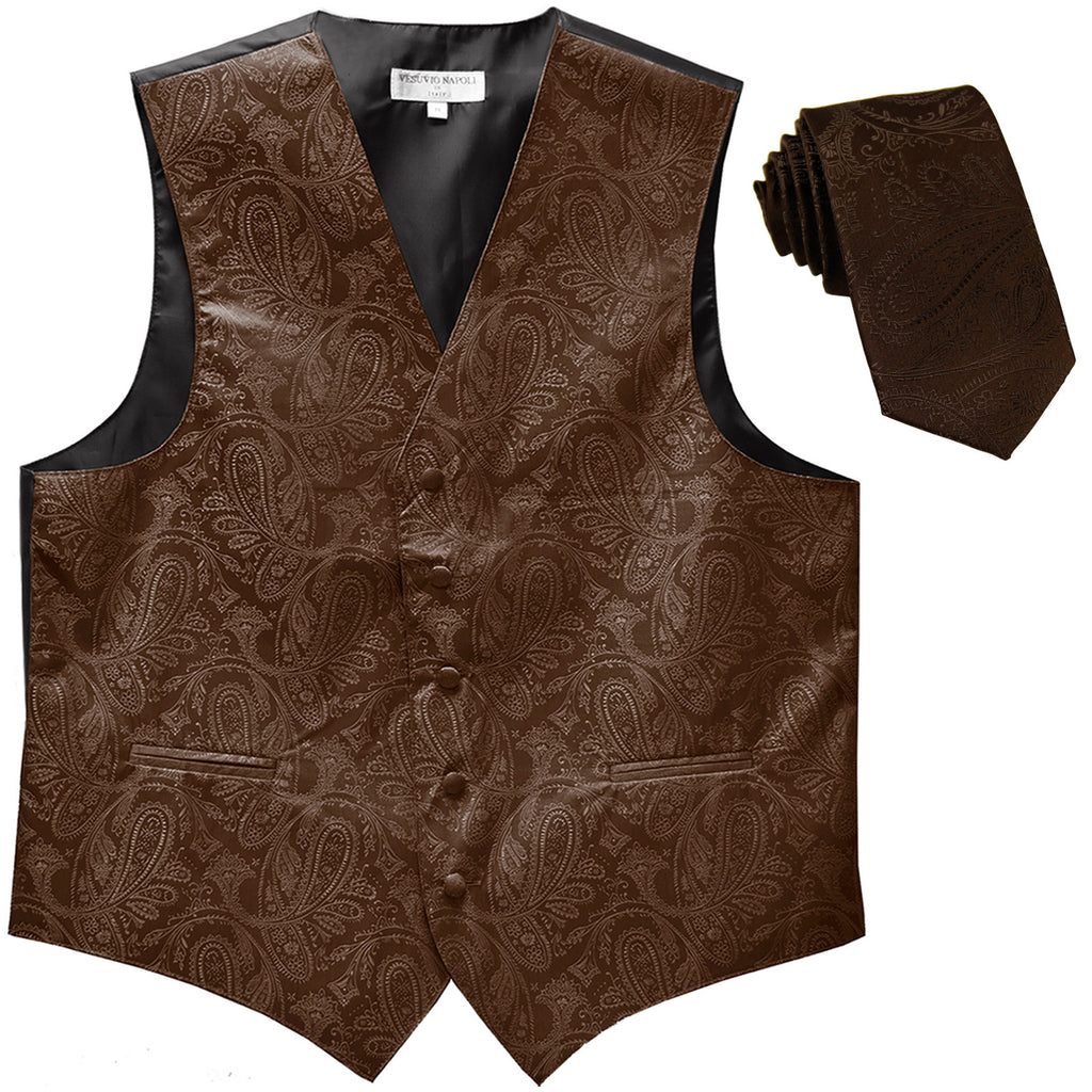 New Men's Formal Vest Tuxedo Waistcoat_2.5" skinny necktie paisley pattern brown