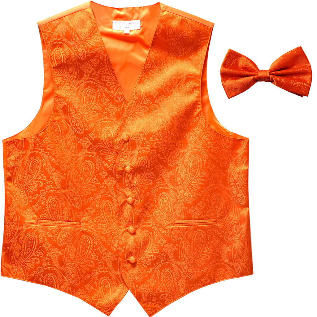 New Men's Formal Vest Tuxedo Waistcoat_bowtie paisley pattern wedding orange