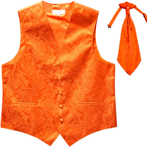 New Men's Formal Vest Tuxedo Waistcoat_ascot necktie paisley pattern prom orange