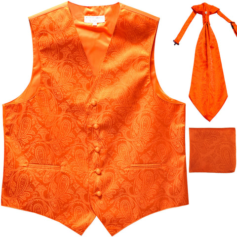 New Men's Paisley Tuxedo Vest Waistcoat & Ascot Cravat & Hankie orange