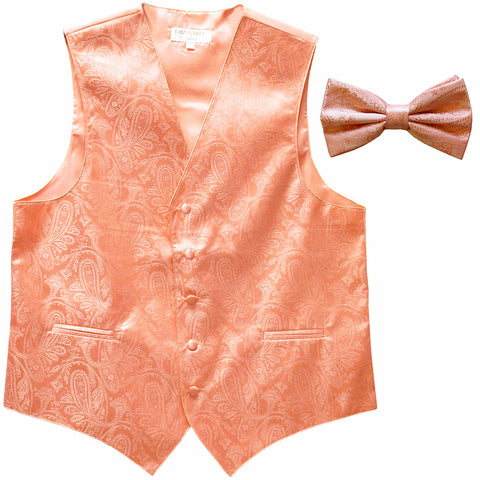 New Men's Formal Vest Tuxedo Waistcoat_bowtie paisley pattern wedding peach