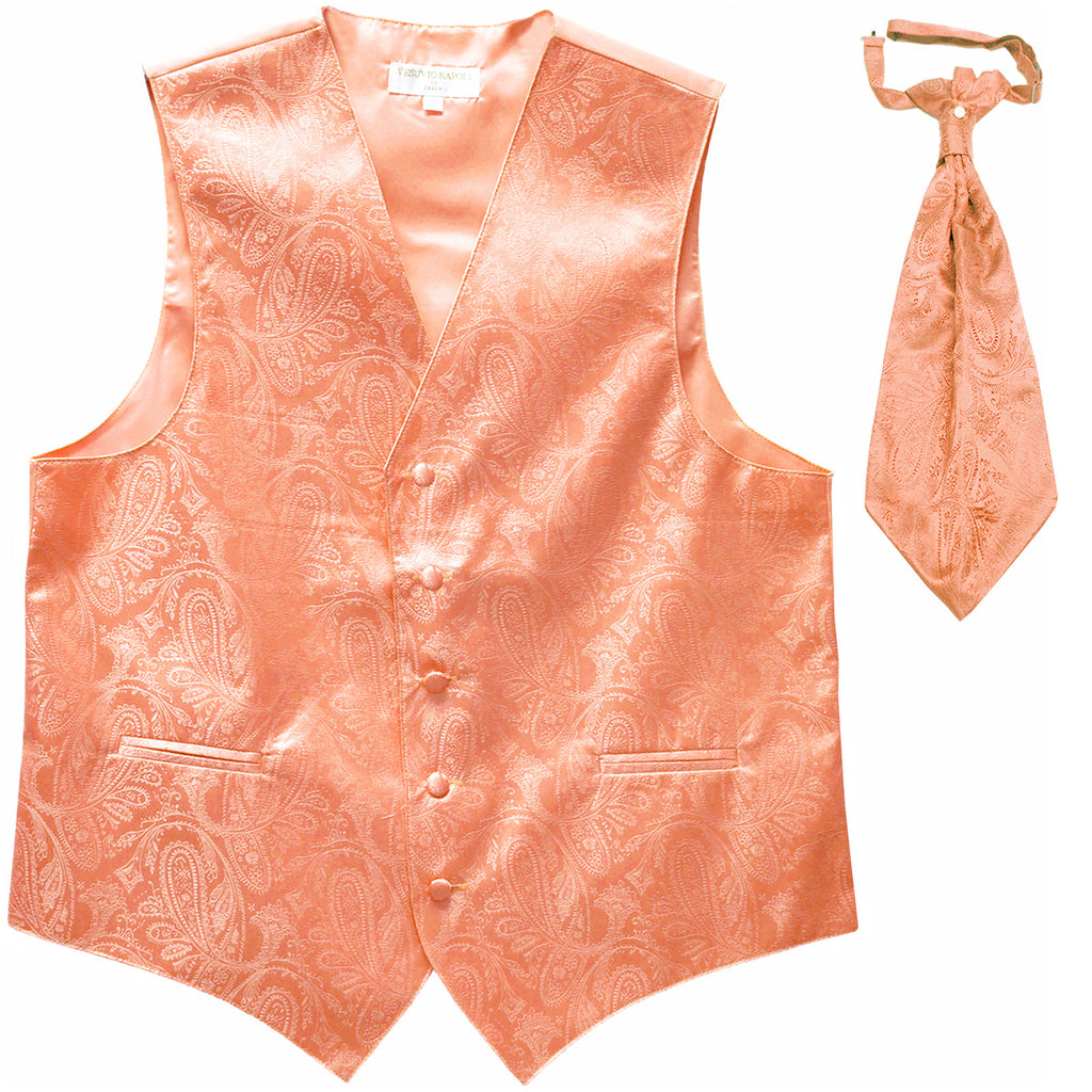 New Men's Formal Vest Tuxedo Waistcoat_ascot necktie paisley pattern prom peach