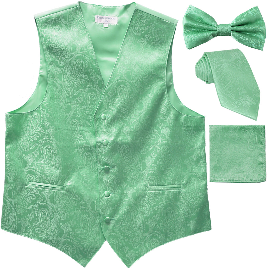 New Men's Paisley Tuxedo Vest Waistcoat & necktie & Bow tie & Hankie Aqua Green