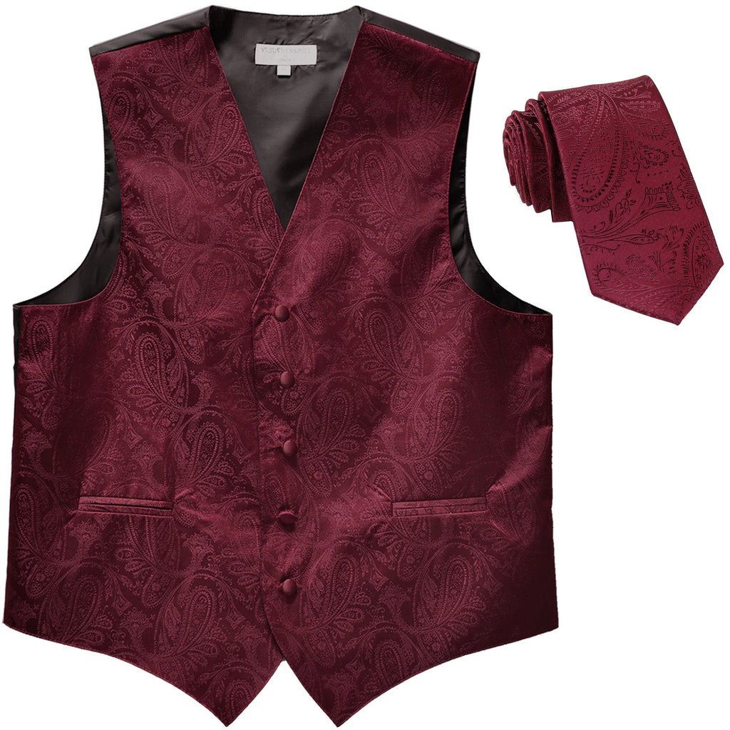 New Men's Formal Vest Tuxedo Waistcoat_2.5" skinny necktie paisley pattern burgundy