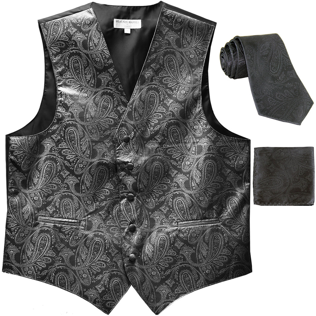 New Men's Formal Vest Tuxedo Waistcoat_necktie set paisley pattern prom dark gray