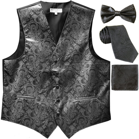 New Men's Paisley Tuxedo Vest Waistcoat & necktie & Bow tie & Hankie Dark Gray