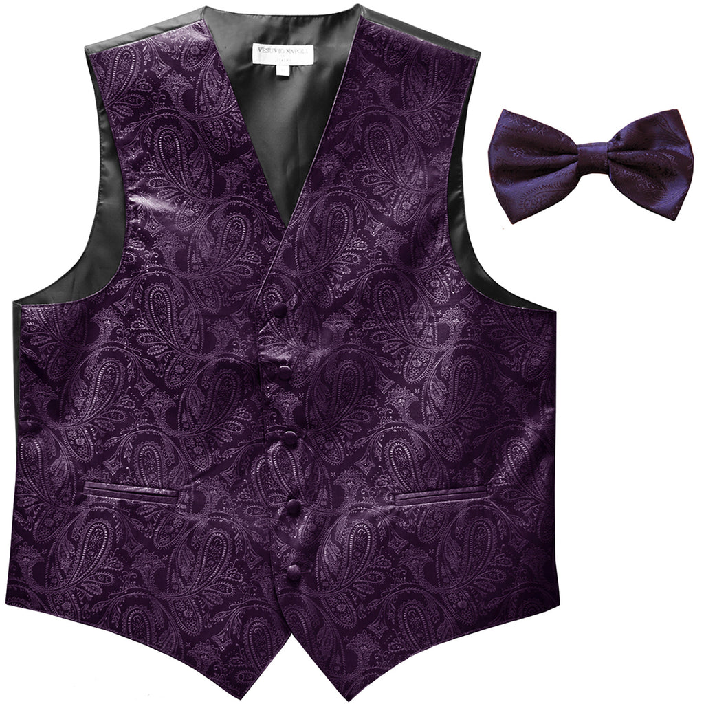 New Men's Formal Vest Tuxedo Waistcoat_bowtie paisley pattern wedding dark purple