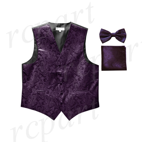 Men's paisley Tuxedo VEST Waistcoat_bowtie & hankie set formal wedding dark purple