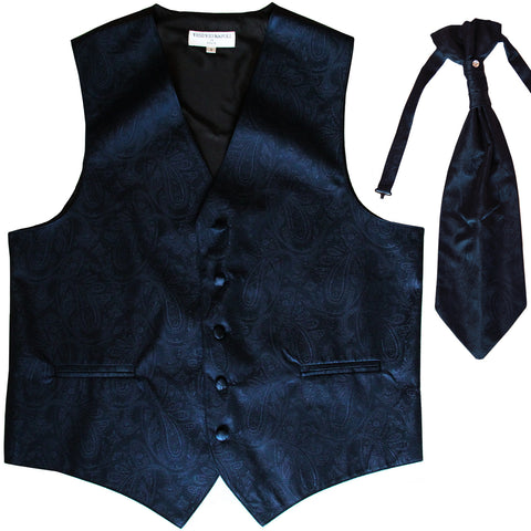 New Men's Formal Vest Tuxedo Waistcoat_ascot necktie paisley pattern prom navy