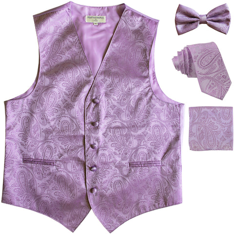 New Men's Paisley Tuxedo Vest Waistcoat & necktie & Bow tie & Hankie Lavender