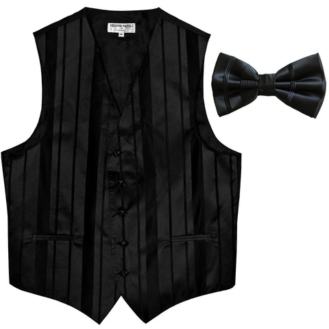 New formal men's tuxedo vest waistcoat & bowtie vertical stripes prom black