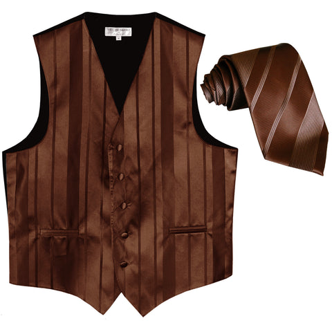 New formal men's tuxedo vest waistcoat & necktie vertical stripes wedding brown