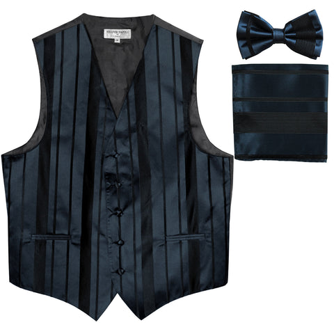 New Men's vertical stripes Tuxedo Vest Waistcoat_bowtie & hankie navy