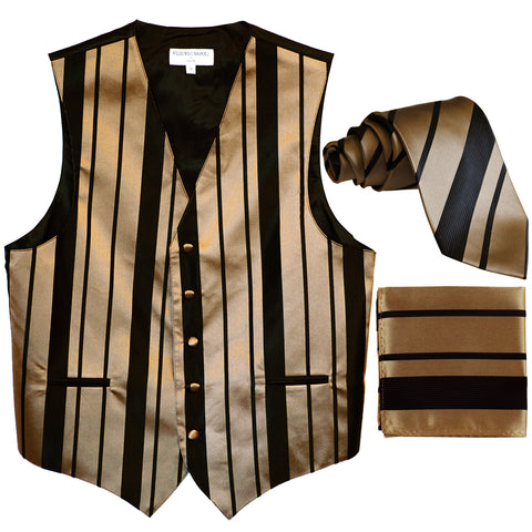 New Men's vertical stripes Tuxedo Vest Waistcoat_tie & hankie black mocca