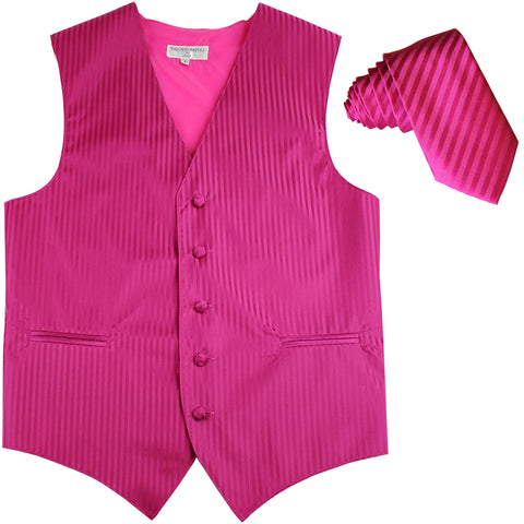 New Men's Vertical stripes tuxedo Vest Waistcoat & 2.5" Skinny Slim Tie formal hot pink
