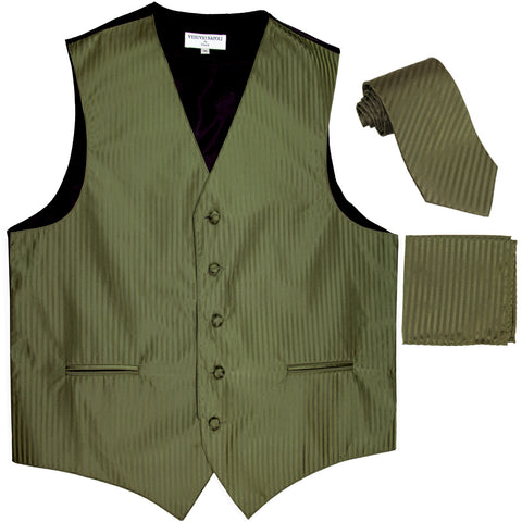 New Men's Formal Vest Tuxedo Waistcoat_necktie set striped wedding olive green
